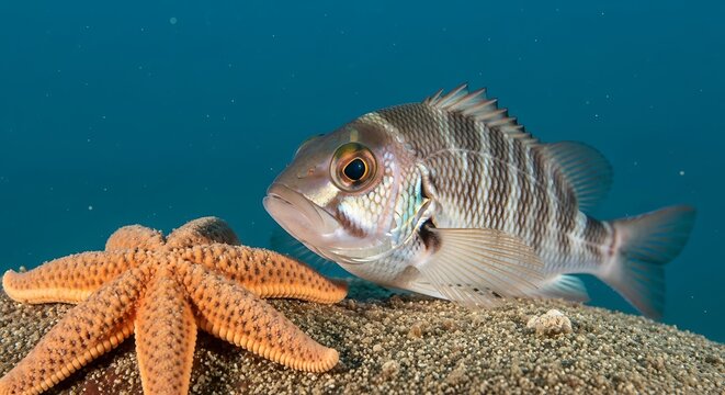 Barred sandperch and starfish on the seafloor