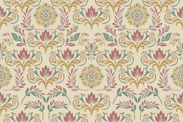 Vintage Damask Floral Ikat Seamless Pattern on Beige Background. Retro Ethnic Flower Bouquet, Elegant Persian Motif Vector Print for Classic Boho Textile and Wallpaper. Traditional Mediterranean Tile  © supachai