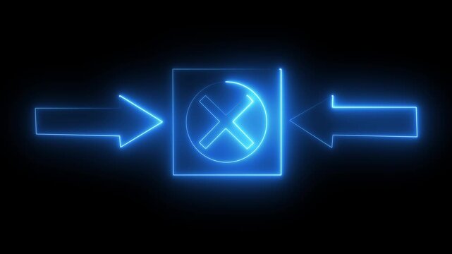 Cross with two arrows icon animation glowing neon red and blue color wrong no cancel circle rectangle round rotation information direction signal sign symbol on black background. 