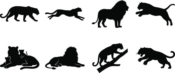 Vector silhouette collection of wild big cats including lions, tigers, and cheetahs in various poses © MdBabul