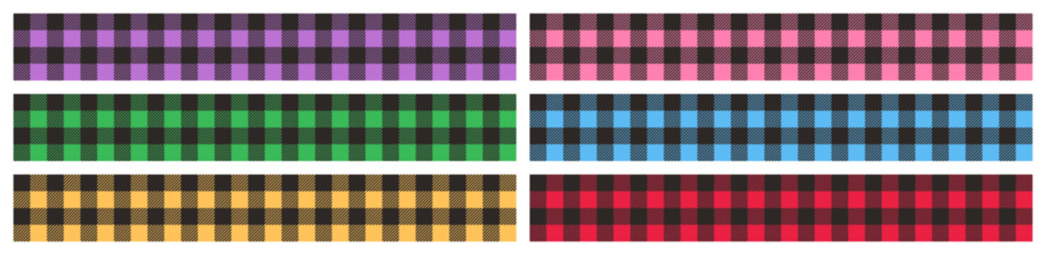 Set of plaid ribbon borders. Seamless gingham pattern frames. Red, pink, blue, green, yellow, purple and black checkered tablecloth decorative prints.