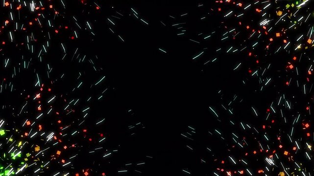 New Year&rsquo;s events, birthdays, and digital design,Bright colourful confetti falling in motion on black screen background., animation of the explosion and fall of confetti in 4K video