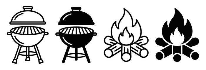 Set of barbecue grill and campfire line and solid icons in black and white on transparent background © Ярослав Дацко