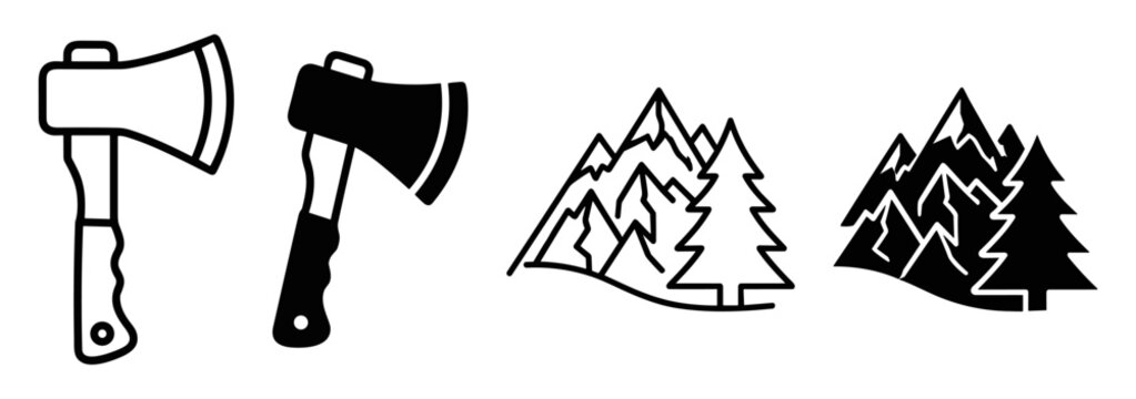 Set of black and white axe and mountain nature icons with pine tree silhouette illustrations on transparent background