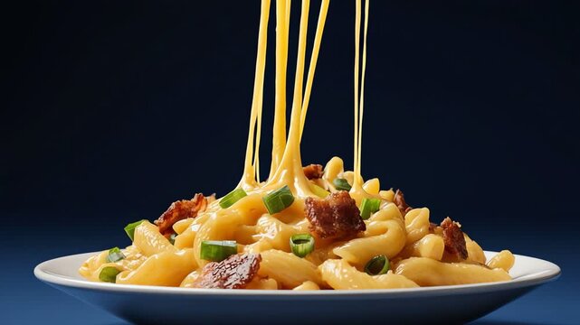 A steaming hot plate of delicious macaroni pasta mixed with crunchy bacon bits and melted cheddar pulls upwards in a long gooey stretch creating a satisfying culinary visual for hungry food