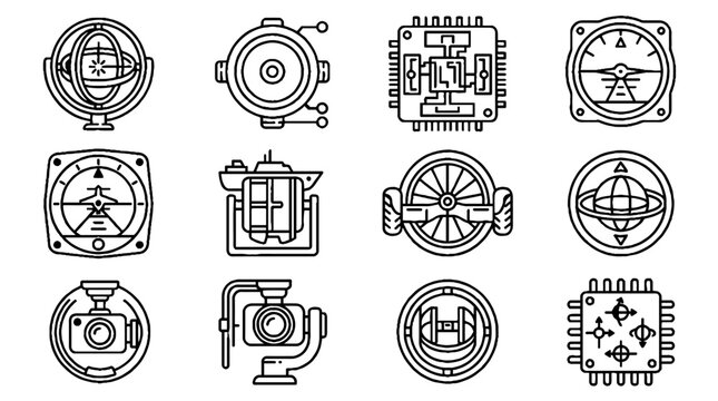 Collection of technical drone and aviation sensor icons in black and white line art style.