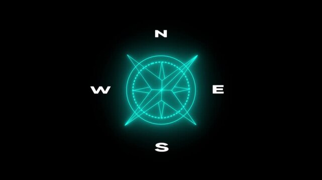 Neon glowing compass rose hud overlay, digital navigation interface for sci-fi ui