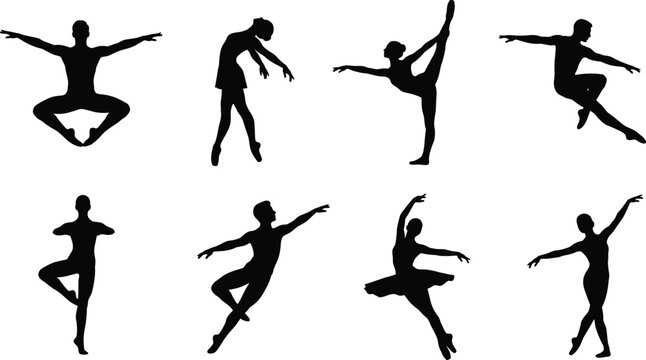 Vector silhouette collection of male and female classical ballet dancers in dynamic poses isolated on white
