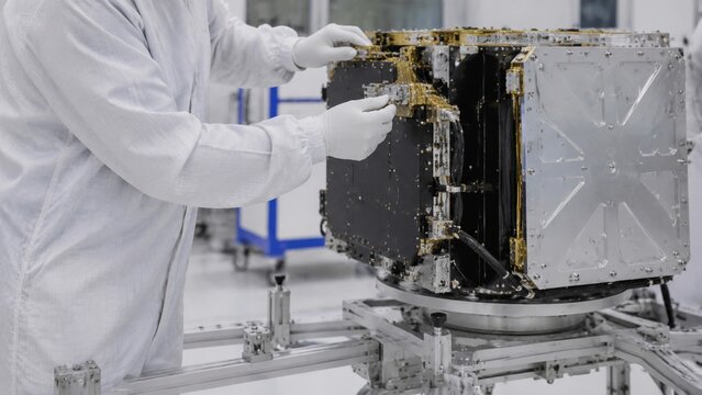 Engineer assembling a satellite in a sterile cleanroom laboratory
