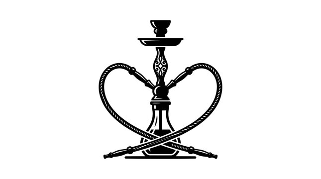 Stylized monochrome hookah shisha illustration with two hoses forming a heart shape, traditional smoking device vector art