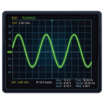 Oscilloscope Screen Displaying Green Sine Wave Signal