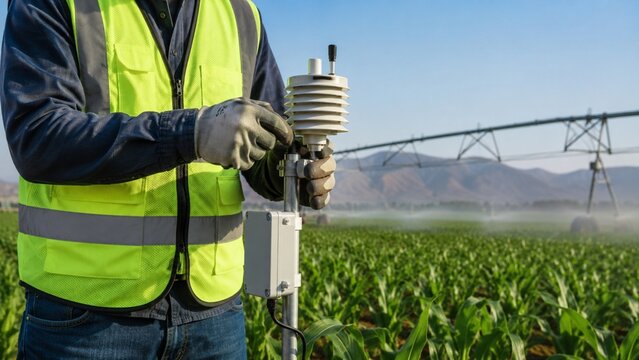 Technician installing smart agriculture sensor in corn field