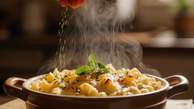 A chef sprinkles fresh green herbs over a steaming pot of delicious macaroni and cheese that sits on a rustic wooden table within a warm kitchen atmosphere during the preparation of dinner today