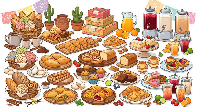 Large bakery and pastry collection vector set with croissants, breads, cakes, donuts, muffins, and fruit juices for cafe menu design and commercial advertising.