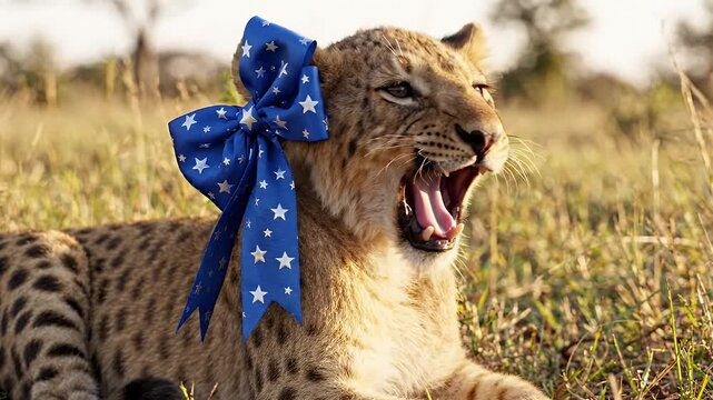 Adorable Baby Lion Cub Wearing Starry Blue Bow - A young, spotted lion cub is lying in dry grass, yawning widely with its mouth open.