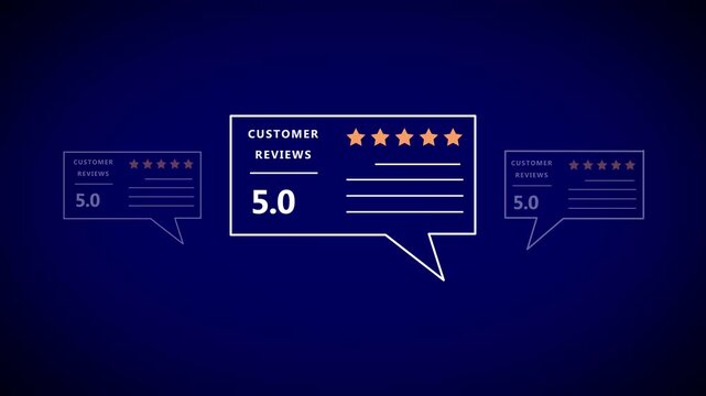 Five-star customer review rating animation with glowing stars and speech bubbles for business feedback