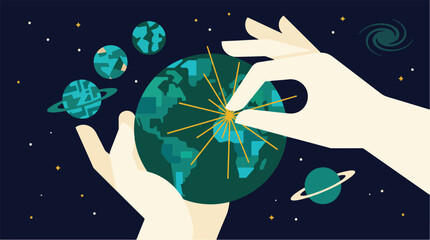 Surreal Cosmic Creator Figure Sculpting and Shaping Planets Like an Artist — Flat Vector Illustration for Technology, Innovation, and God Concept Themes © Vecto Graph