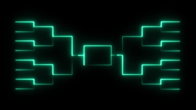 Neon glowing tournament bracket competition chart on black background, sports playoffs