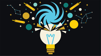 Surreal Light Bulb Transforming Into a Galaxy Explosion of Ideas and Cosmic Energy — Flat Vector Illustration for Innovation, Creativity, Business, and Technology Concepts © Vecto Graph