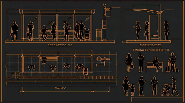 Bus Stop Silhouette Vector Set with Busy Office People Waiting Scene PNG Style Technical AutoCAD Blueprint Collection