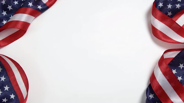 American Flag Ribbon Corners Frame White Background - A clean white background is framed by curved ribbons displaying the pattern of the American flag in each corner.