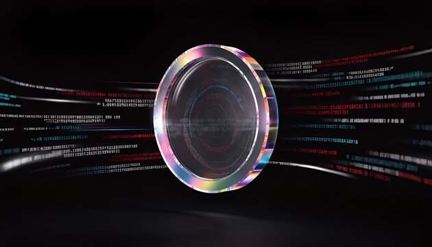 Digital iridescent coin with glowing computer data streams on black background for blockchain technology concept