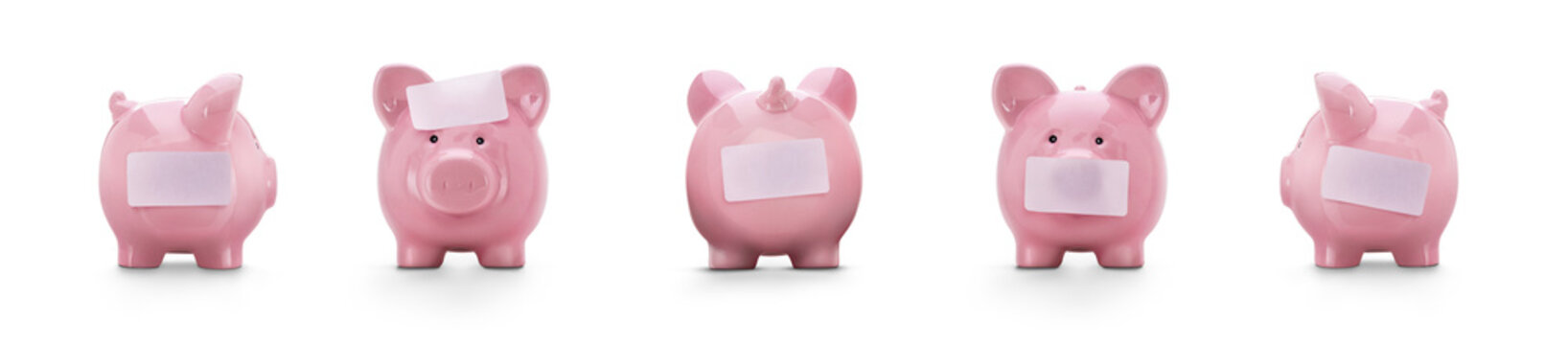 A collection of a pink piggy savings, investment bank from front, side and rear angles with a blank label, copy space, to write a message isolated against a transparent background.
