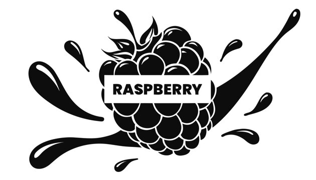 Very beautiful black and white vector of a RASPBERRY with a bold label reading "RASPBERRY", featuring detailed berry texture, realistic drupelets, energetic juice splash, and fresh natural styling, i
