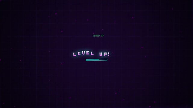 Retro Video Game Level Up Screen Animation with Progress Bar and XP
