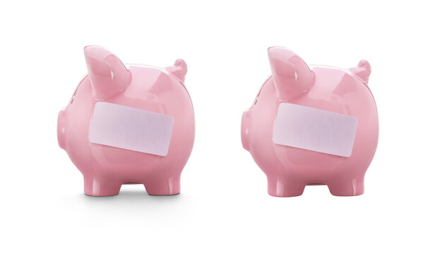 Two images of a pink piggy savings, investment bank, side view, one with a shadow and one without and a blank label, copy space to write a message isolated against a transparent background.