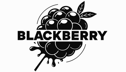 Very beautiful black and white vector of a BLACKBERRY with a bold label reading "BLACKBERRY", featuring clustered berry details, glossy fruit texture, dynamic splash, and fresh organic styling, isolat © ehsanollah