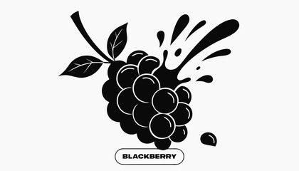 Very beautiful black and white vector of a BLACKBERRY with a bold label reading "BLACKBERRY", featuring clustered berry details, glossy fruit texture, dynamic splash, and fresh organic styling, isolat © ehsanollah