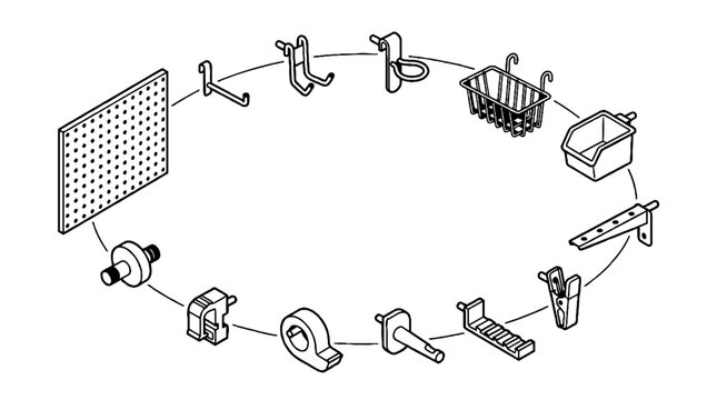 Isometric line art illustration of pegboard wall organization system with various hooks baskets and storage accessories.