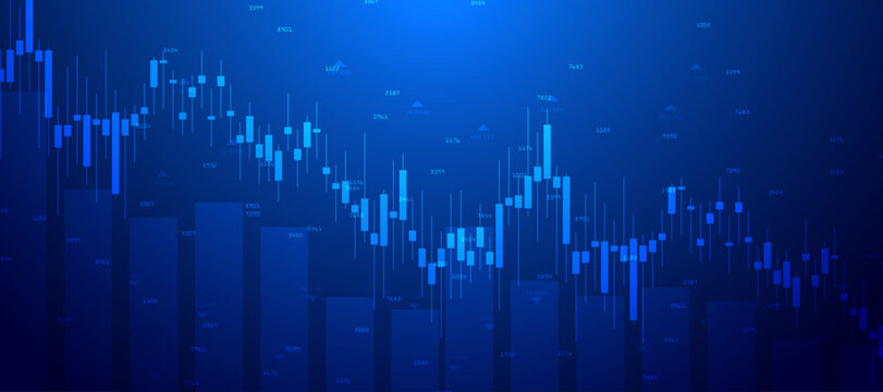 Financial stock market chart with blue candlesticks showing downward trend on dark grid background.