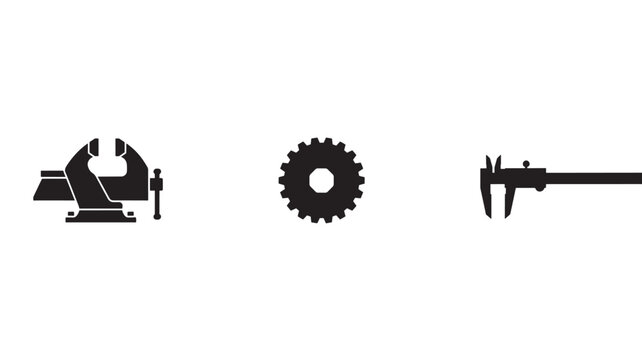 Black silhouettes of vise, gear, and calipers on white background for industrial and engineering concepts