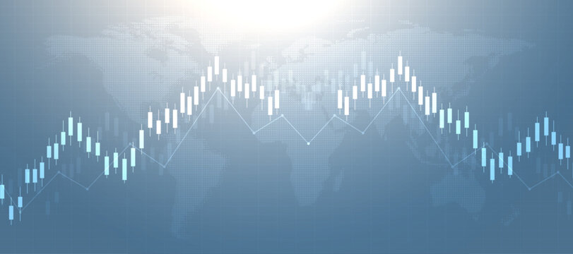 Financial stock market chart with blue candlesticks showing downward trend on dark grid background.