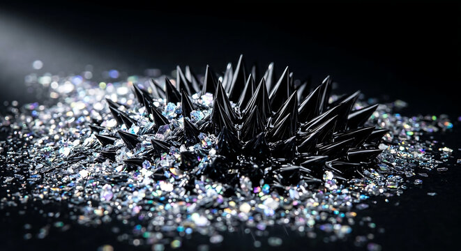Ferrofluid magnetic spikes with shimmering silver glitter, black liquid magnet sculpture, scientific ferrofluid experiment with sparkling metallic particles