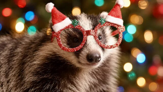 Cute Badger Wearing Festive Christmas Glasses - A close-up shot of a cute badger wearing a tiny Santa hat and sparkly red festive glasses. The background is a bokeh of colorful Christmas tree lights.