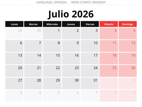 Spanish July 2026 calendar &ndash; Julio. Monthly vector illustration Spain