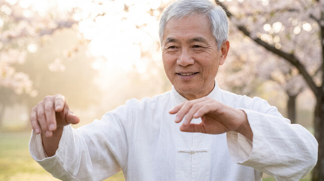 tai chi senior man wellness movement balance healthy aging older man practicing slow mindful movement outdoors with calm expression and gentle spring background with distinct visible wellness context