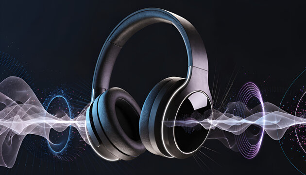 black wireless headphones with abstract digital sound waves and light effects on dark background