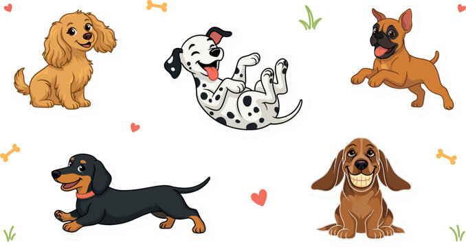 PrintCute Cartoon Dog Breed Sticker Vector Set with Dalmatian, Dachshund, Boxer, and Cocker Spaniel Characters for Kids and Scrapbooking Graphic Designs