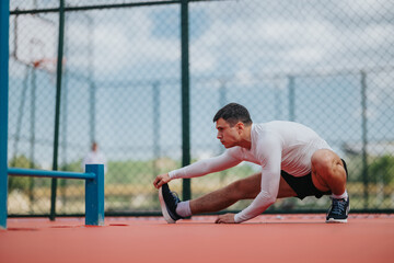 Fototapeta premium Male athlete stretches his hamstring on an outdoor sports court before training. The focused man performs a deep side lunge stretch on a fenced court surface.