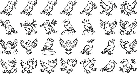 Fototapeta premium Cute crow line art vector collection featuring cartoon ravens flying standing holding twigs leaves and acorns in different poses