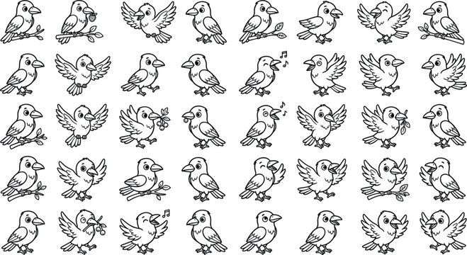 Cute crow line art mega vector bundle featuring cartoon ravens singing flying perched on branches holding flowers and showing funny expressions