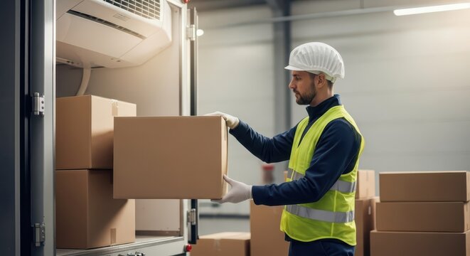 A diligent warehouse worker in a high-visibility vest and hardhat carefully handles a cardboard box, preparing it for shipment within a busy distribution facility.