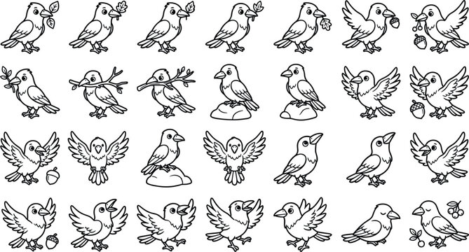 Cute crow line art vector collection featuring cartoon ravens flying standing holding twigs leaves and acorns in different poses