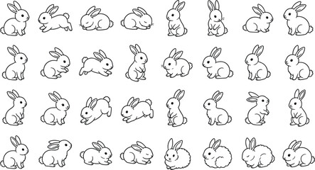 Fototapeta premium Cute bunny line art vector collection showing simple rabbit characters in various poses like running sitting and sleeping for easter