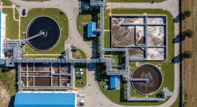 Aerial drone view of a sprawling industrial wastewater treatment plant with intricate piping systems and circular tanks, showcasing essential environmental infrastructure.