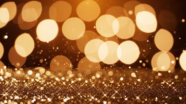 Blurred yellow and orange lights for Christmas and the festive season, bokeh background with soft glowing lights and sparkling glitter particles